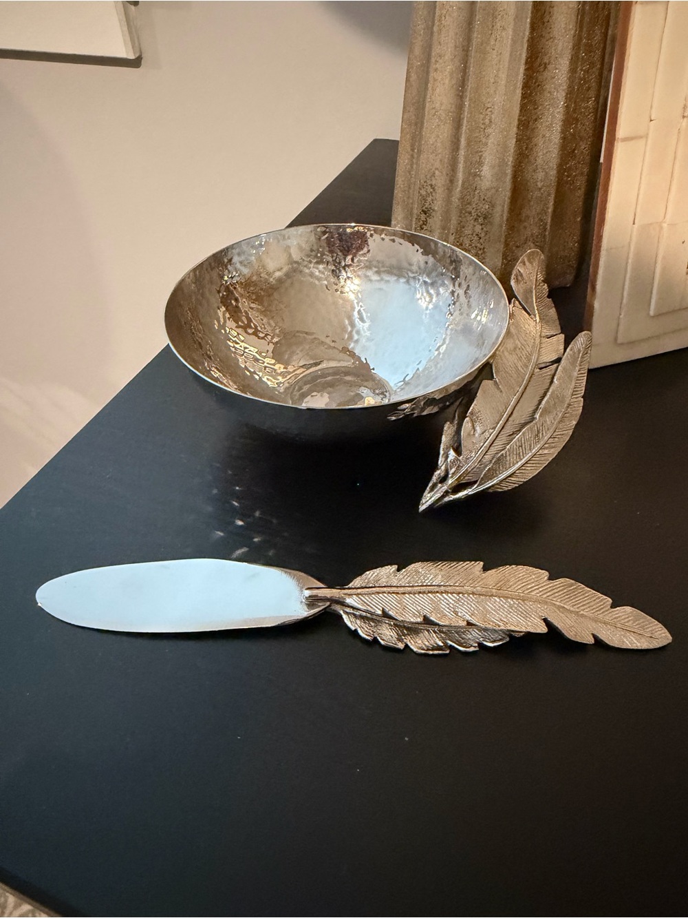Michael Aram Silver Feather Spreader and Dip Bowl Set - Elegant Home Dining